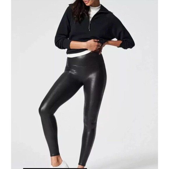 SPANX sz Small BLACK FAUX LEATHER LEGGINGS - Excellent! - Picture 1 of 7
